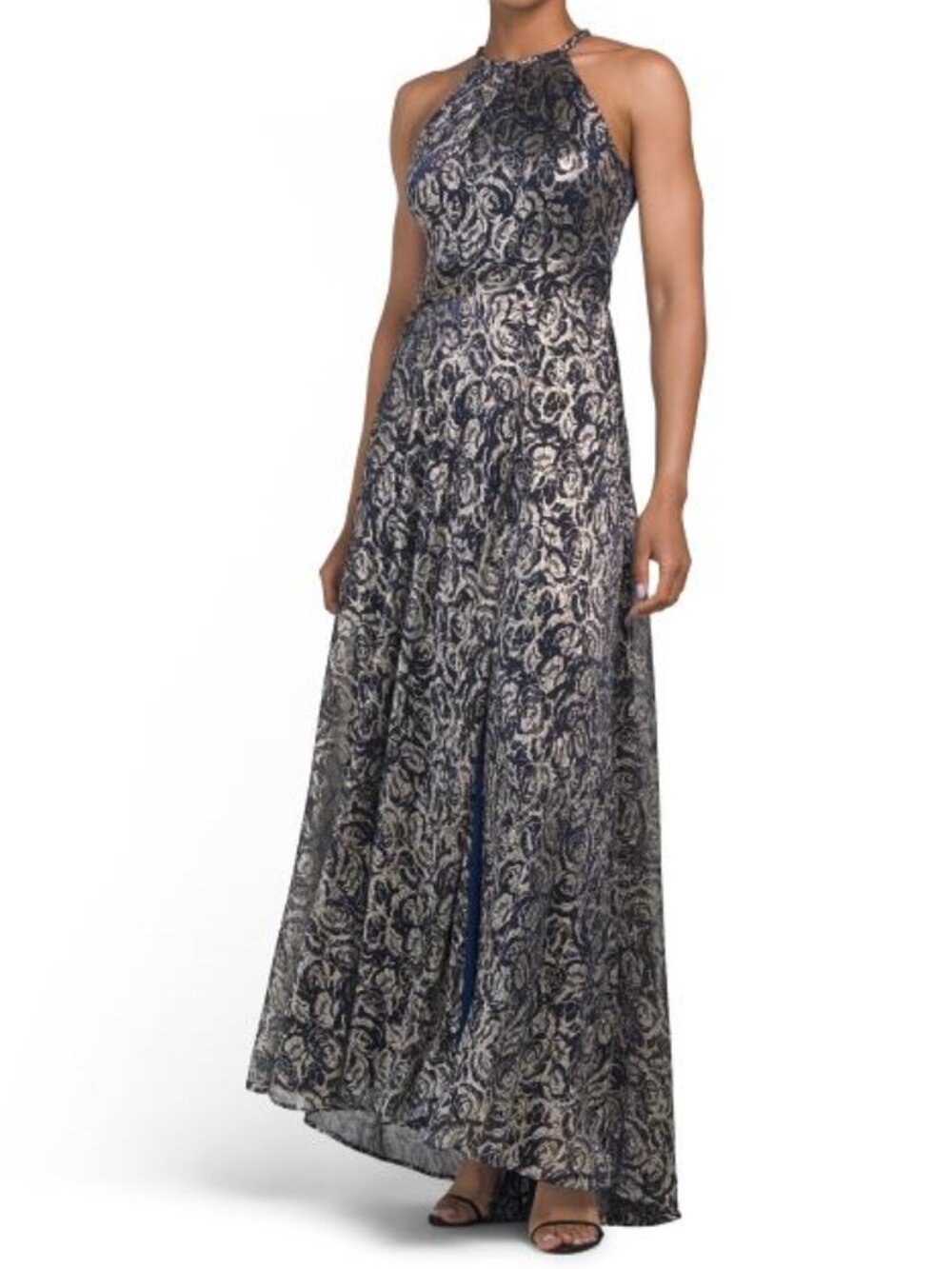 BETSY & ADAM High Neck Foil Gown